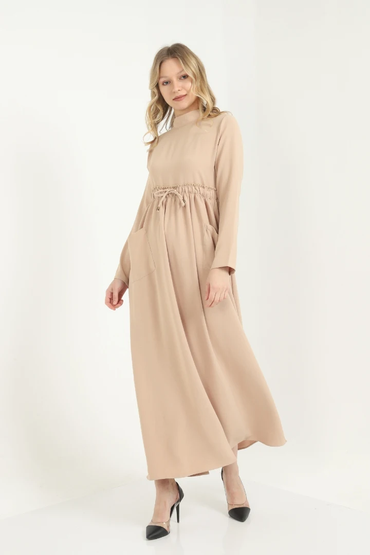 

Beige Beli Shirred Pocket Detail Dress maxi size casual cut new season Muslim long dress