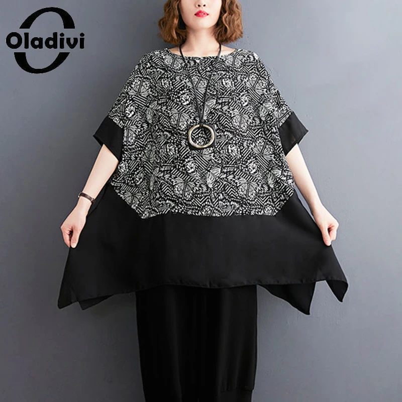 

Oladivi Oversized Women Short Sleeve Fashion Print Patchwork Blouses 2022 Summer Ladies Casual Loose Shirts Top Tunic Blusa 2177