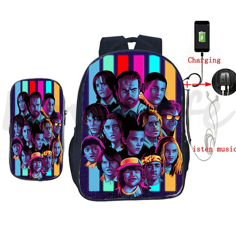 

Stranger Things Backpack 2 Pcs/Set Usb Charging Bookbags Makeup Cases for Boys Girls School Backpacks Teens Knapsack Mochila