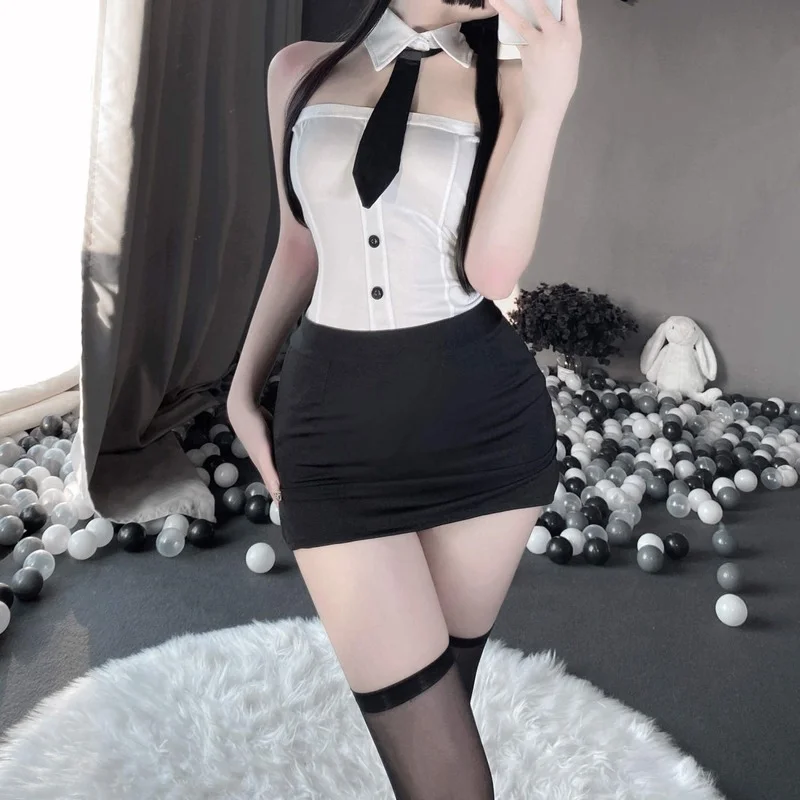 Sexy Underwear Miss Secretary Costume Lady Teacher Cosplay Tube Top Mini Skirt Office OL Uniform Lingerie Couple Sex Game Outfit