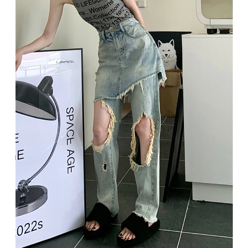

Vintage Fake 2 Pieces Casual Loose Floor Length Wide Leg Jeans for Women Straight High Waist Female Denim Pants Streetwear
