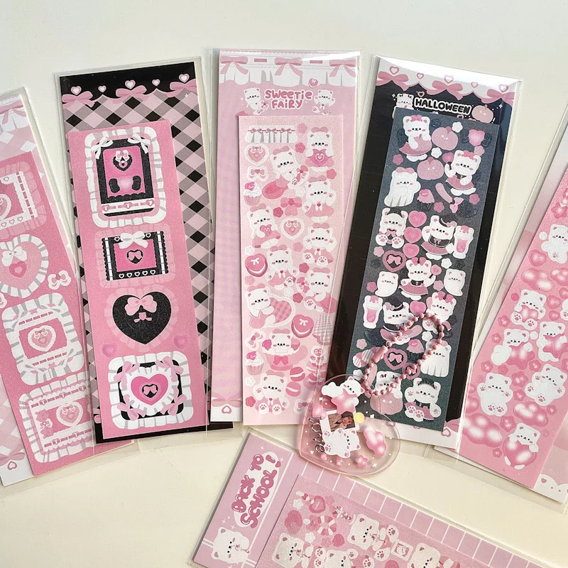 1Pc Korean Pink Heart Border Animal Laser Sticker Flakes Idol Card Deco Scrapbook DIY Material Decoration Stationery Stickers
