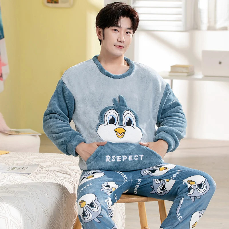 Couple Long Sleeve Cute Cartoon Thick Warm Flannel Pajama Sets For Men Winter Korean Loose Sleepwear Women Homewear Home Clothes images - 6