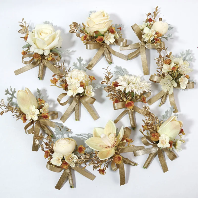 

Golden Aritifical Flowers Boutonniere Wrist Corsage Wedding Accessories Acessórios Para Casamento
