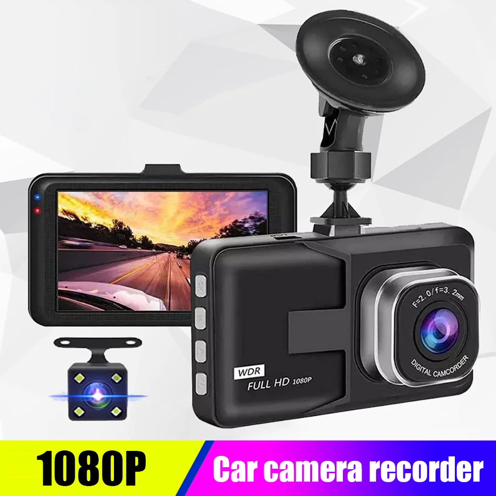 1080P Dash Cam Front Rear Camera Wide Angle Car DVR Video Recorder 3" IPS Screen Night Vision Loop Recording Driving Dashcam