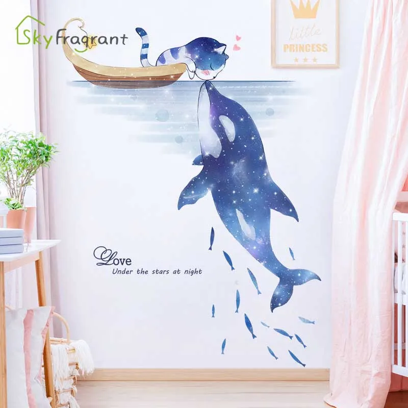 Фото Наклейки на стену в виде мультяшного звездного неба дельфина кота наклейки для