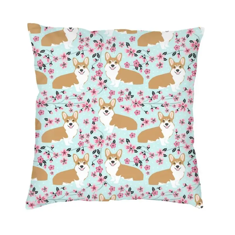 Наволочка для подушки Corgi с цветами вишни и собакой домашний декор квадратная