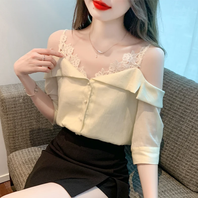 

Camis Short Sleeve Tops for Women French Style Elegant Lace Spliced Chiffon Blouse Single Breasted Off Shoulder Clothes 26997