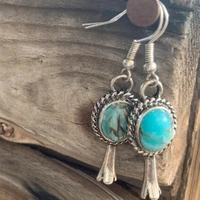 bohemian oval inlaid blue green stone hook earrings for women vintage silver color metal carving flower dangle earrings