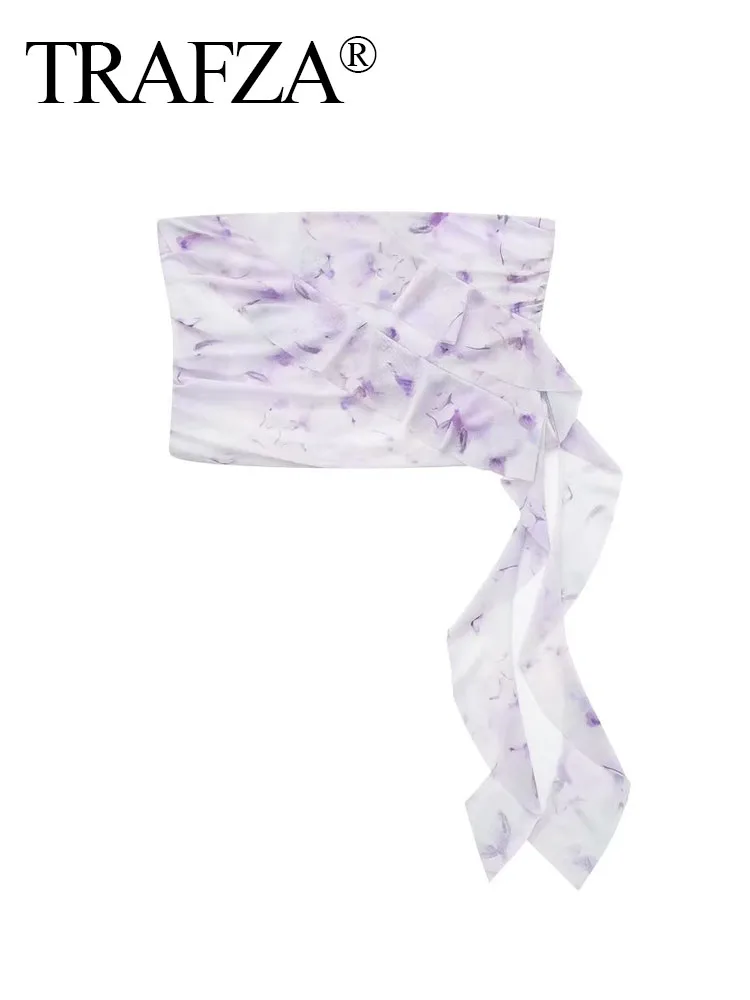 

Женский короткий топ с открытой спиной TRAFZA, винтажный пурпурный топ с тюлевым принтом, лето 2023