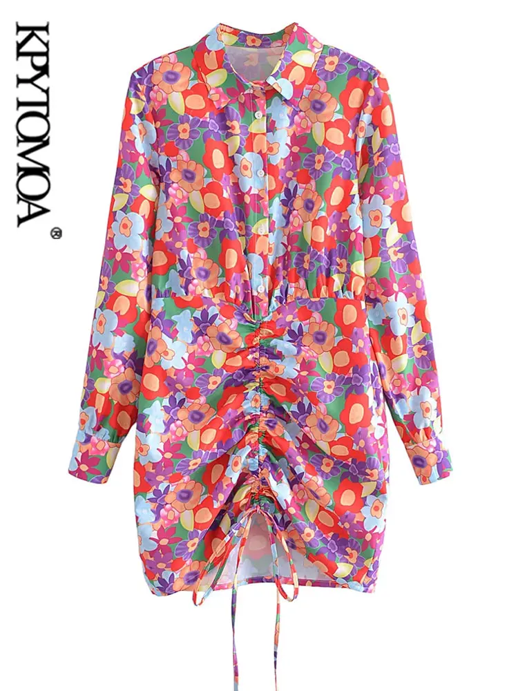 

KPYTOMOA Women Fashion With Drawstring Printed Pleated Mini Dress Vintage Long Sleeve Button-up Female Dresses Vestidos Mujer
