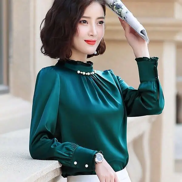 

Women Clothing Fashion Simplicity Pleated Solid Color Chiffon Long Sleeve Blouse Autumn Office Lady Half High Collar Tops A783