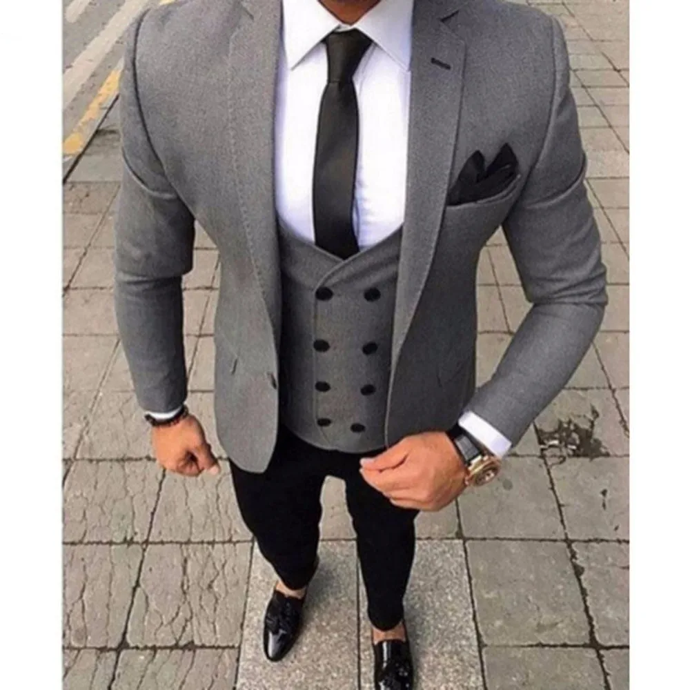 

New Latest Coat Pant Designs Smoking Grey Men Suit Slim Fit 3 Piece Tuxedo Groom Style Suits Custom Prom Blazer Terno Masculino