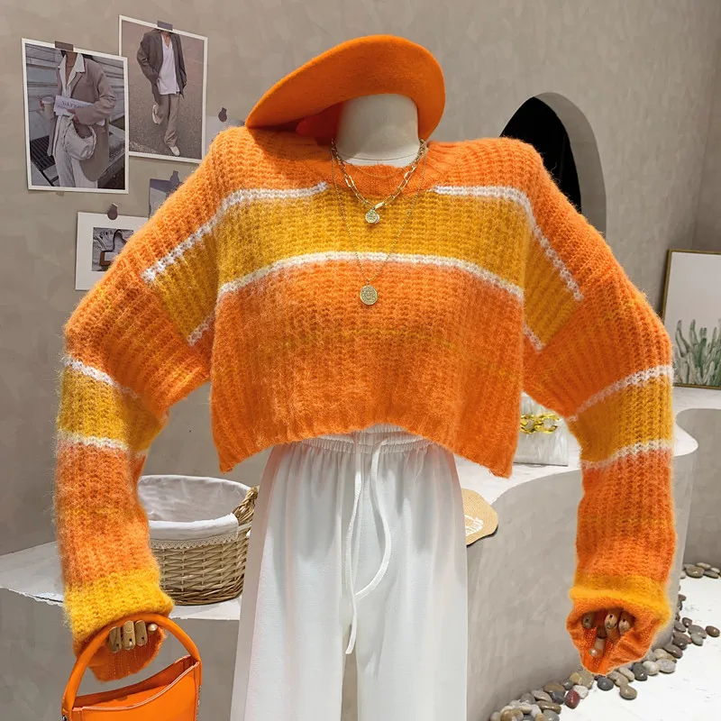 

Новинка, женская одежда, осень 2022, Короткая свободная вязаная рубашка с рукавами «летучая мышь», модный контрастный свитер в полоску