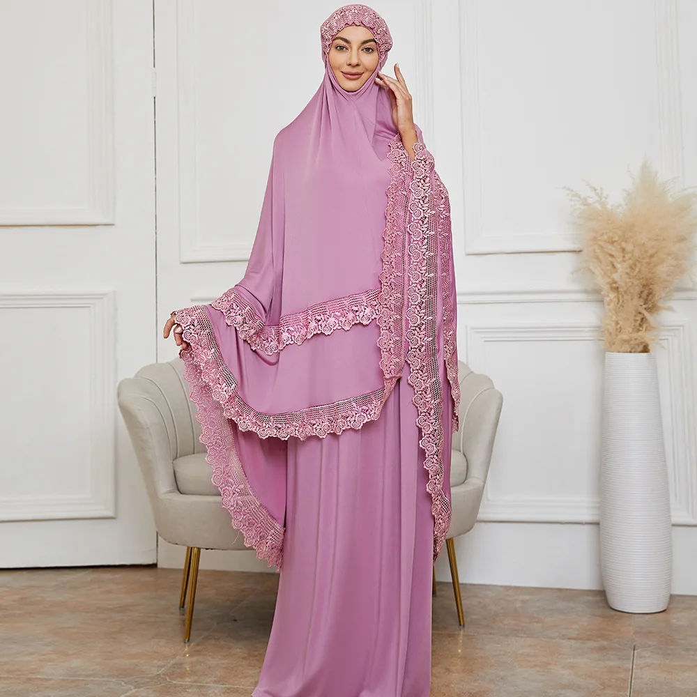 Free Size Pink Embroidered Lace Suit Worship Dress Islamic Clothing Ramadan EID Prayer Set