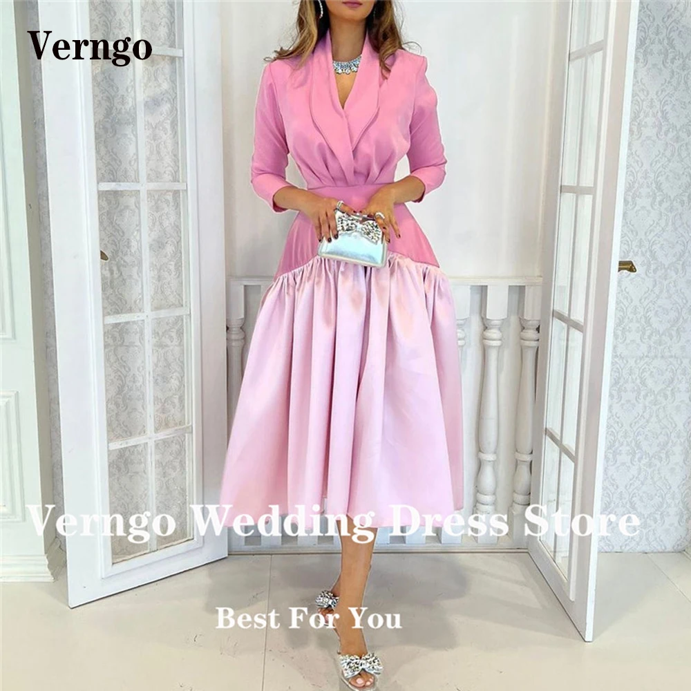 

Verngo Vintage Pink Satin A Line Prom Dresses Tea Length V Neck 2/3 Sleeves Evening Gowns Saudi Arabic Women Formal Party Dress