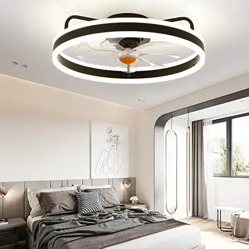 

Ceiling Fans with Lights - Modern Flush Mount Low Profile Indoor Ceiling Fans with Remote Control, 20" Enclosed Bladeless Ce
