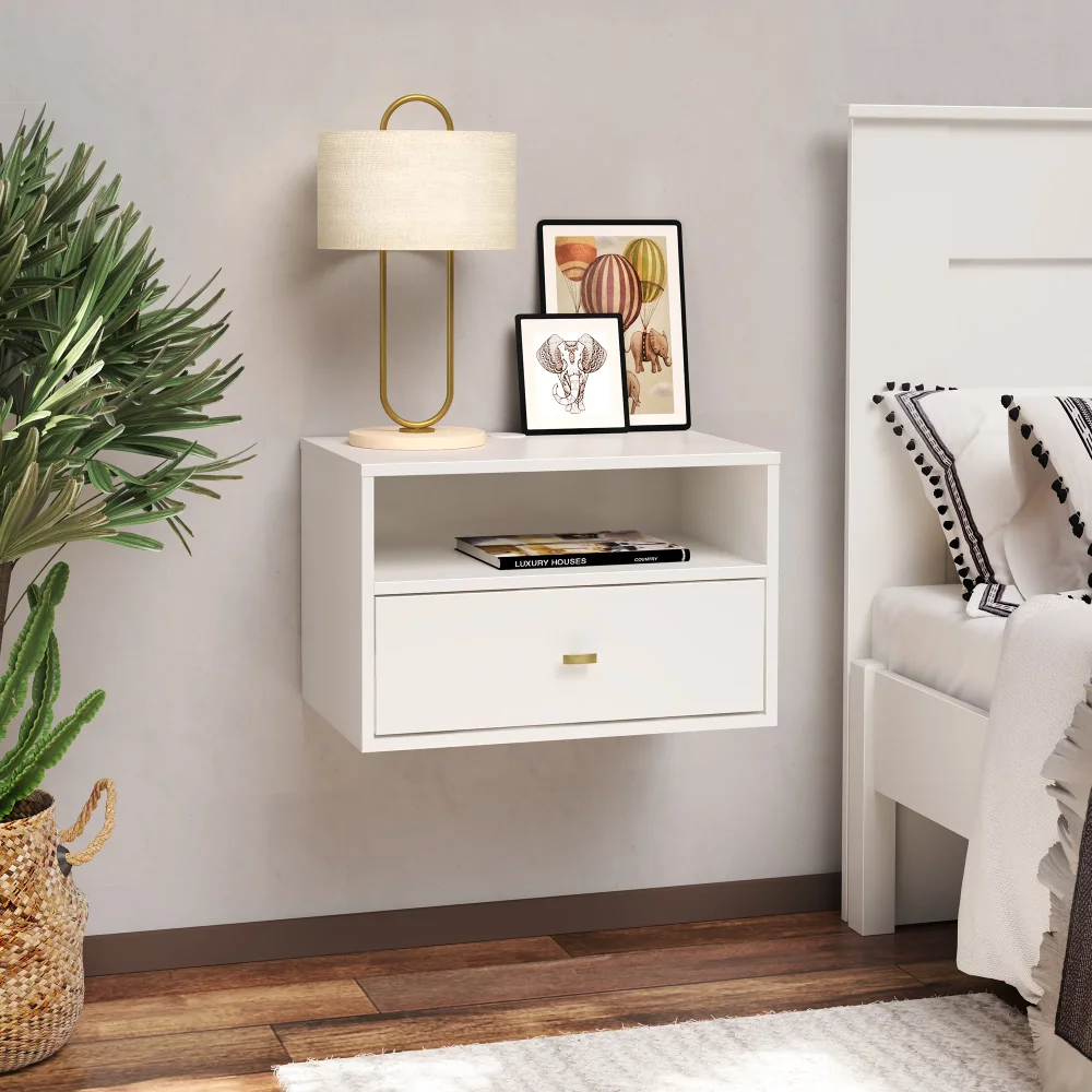 Floating Bedroom Modern 1-Drawer Nightstand with Open Shelf, White 1