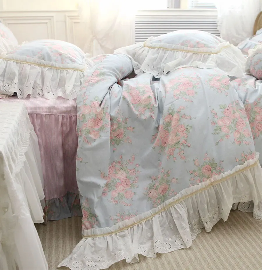 Романтическая кружевная синяя розовая кровать fairyfair с цветочным рисунком