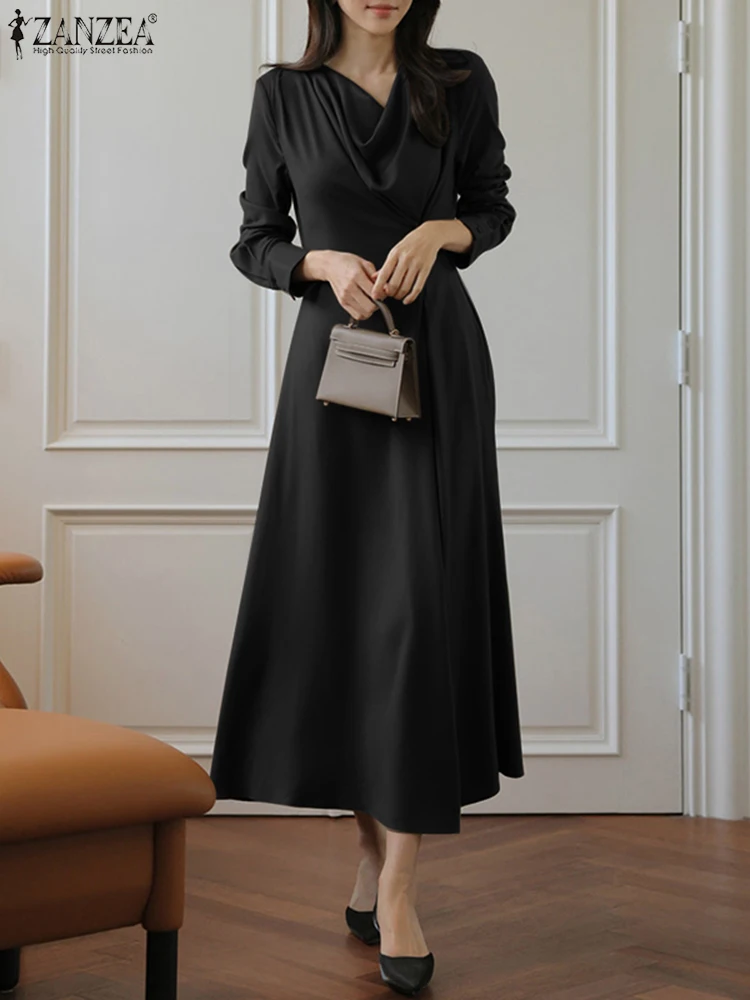 

2023 ZANZEA Elegant Women Long Sleeve Satin Dress Fashion Spring Casual Party Vestido Solid OL Work Midi Sundress Robe Femme