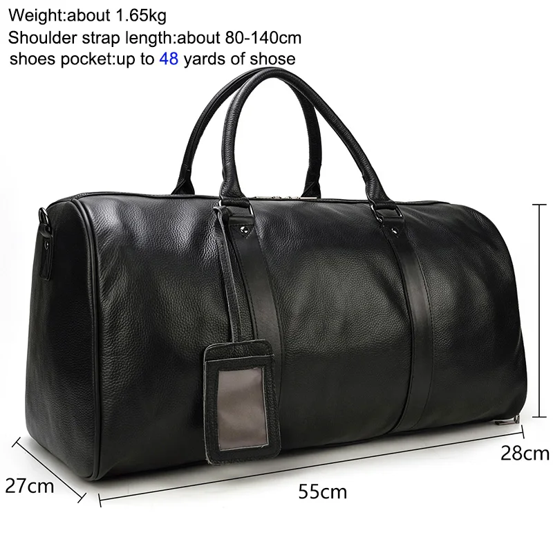 

Big Capacity Genuine Leather Travel Bags Men Women Soft Black Cowhide Casual Travel Duffel High Quality Cow Leather Shoulder Bag