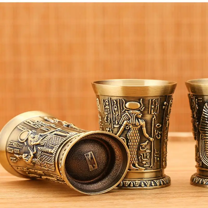 1Pc Vintage Egyptian Wine Glass Small Metal Cocktail Whiskey Bar Cup Pharaoh Tut Engraving Goblet Water Glass Home Decor 4x6cm images - 6