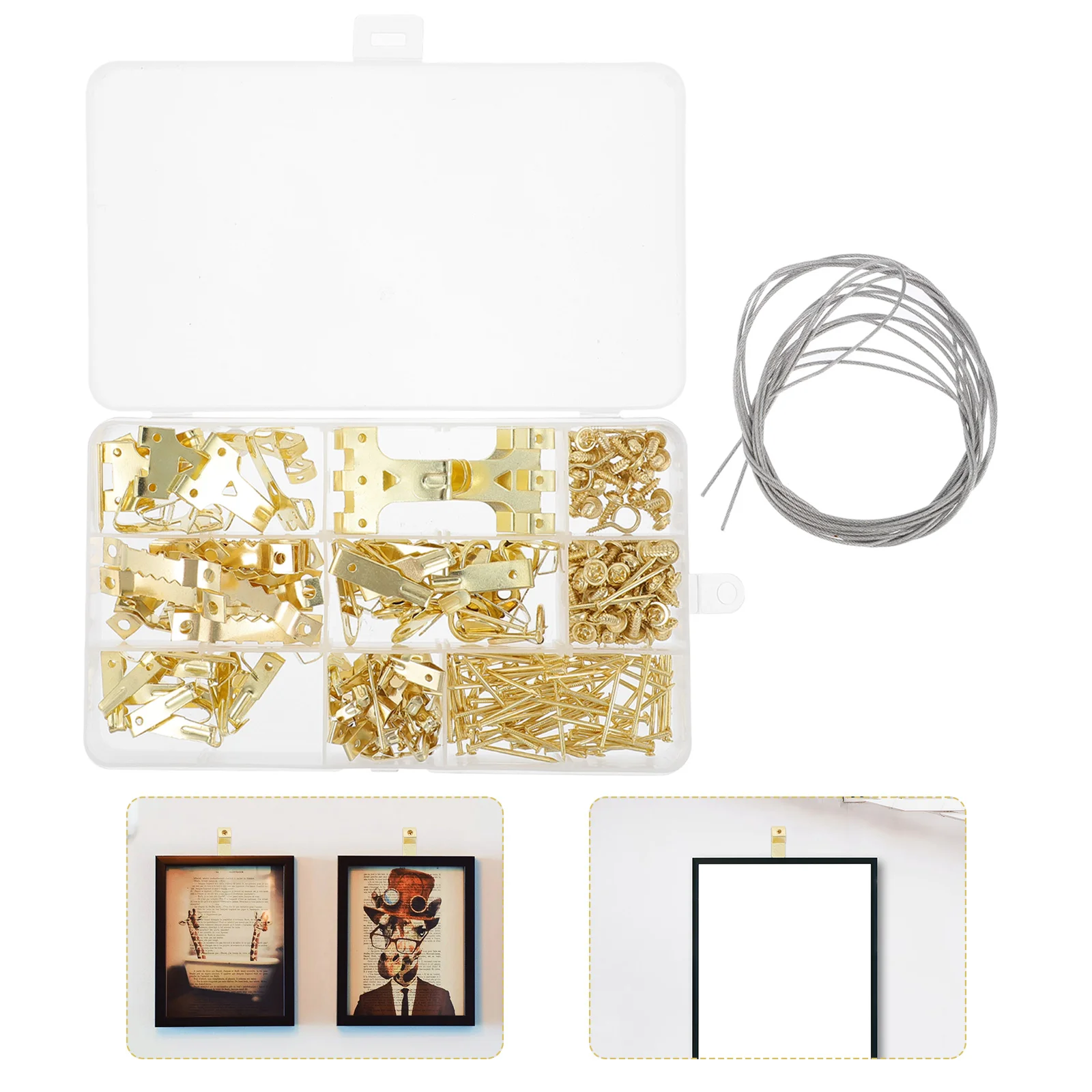 

282 Pcs 1 Box Steel Wire Rope Hook Set Picture Frame Hook Screw Set (Golden)