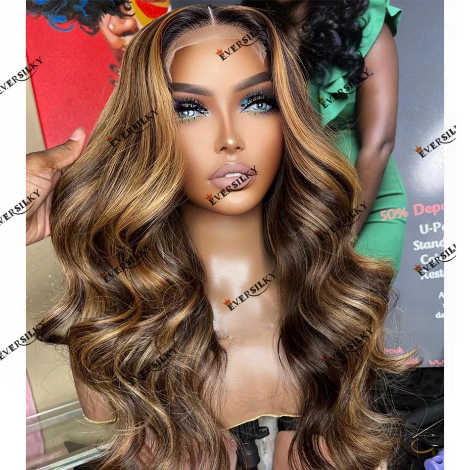 360 Lace Frontal Human Hair Honey Blonde Highlight Wig Natural Wavy Remy Brazilian Human Hair 200 Density 13x4 Lace Front Wig
