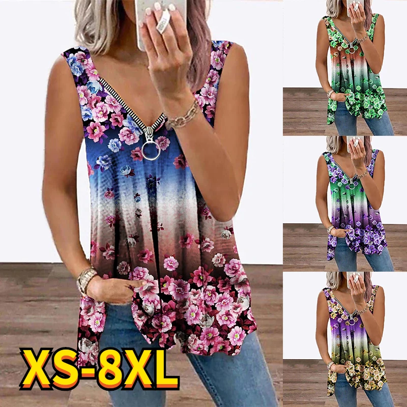 

Women's Plus Size Tank Tops 2022 New Flower Bird Printing Vest Sexy V-neck Zipper Sleeveless T-shirt Casual Loose Pullover Tops