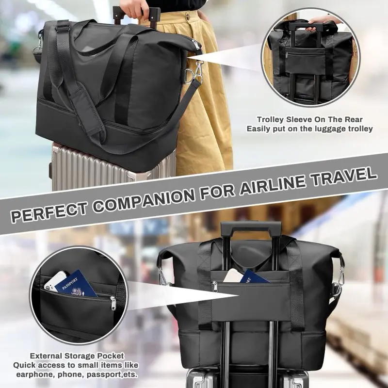 Large Capacity Travel Bags, Carry on Bag with Makeup Bag, Shoulder Strap and Shoe Pouch, Dry Wet Separated Design Duffel Bag Wee