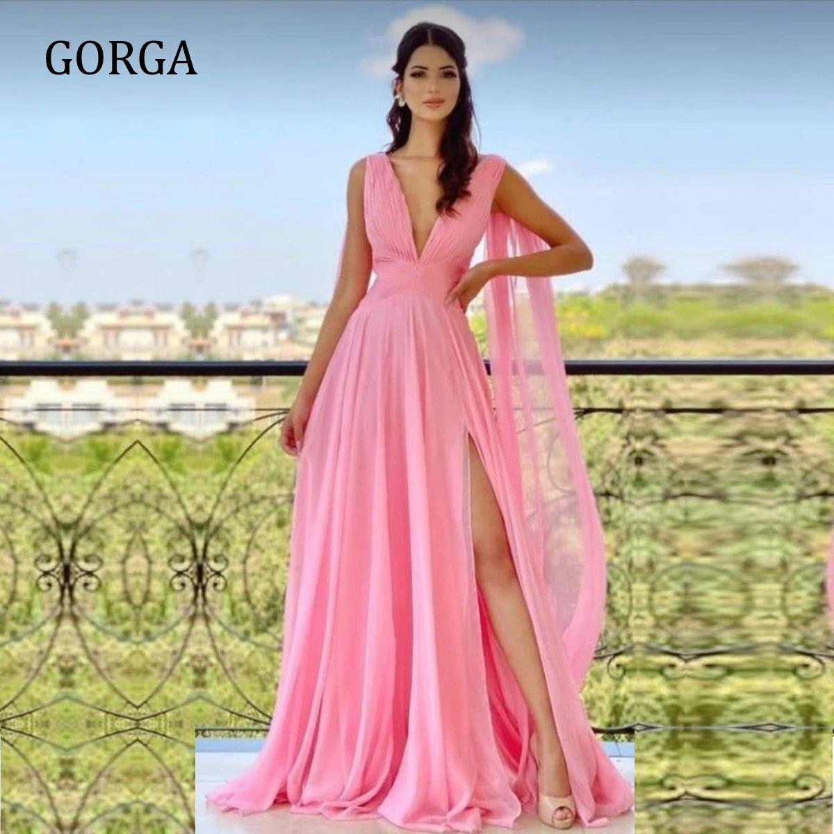 

GORGA Evening Dresses Formal Occasion Elegant Party for Women Prom Floor Length V-neck Empire Pleat A-line Draped Pink