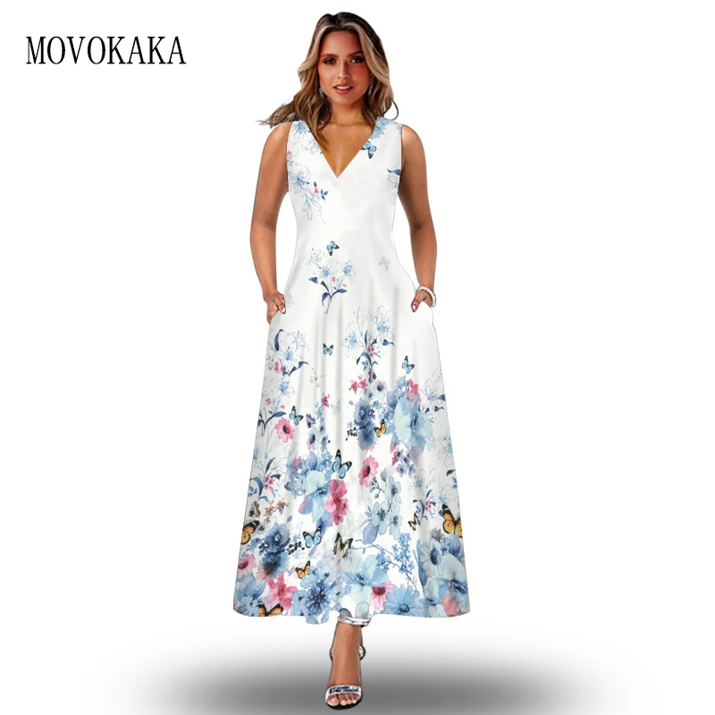 

MOVOKAKA Boho Long Dress Women Summer Casual Vintage Sleeveless Loose Flowers Print Vestido Party Elegant Holiday Beach Dresses