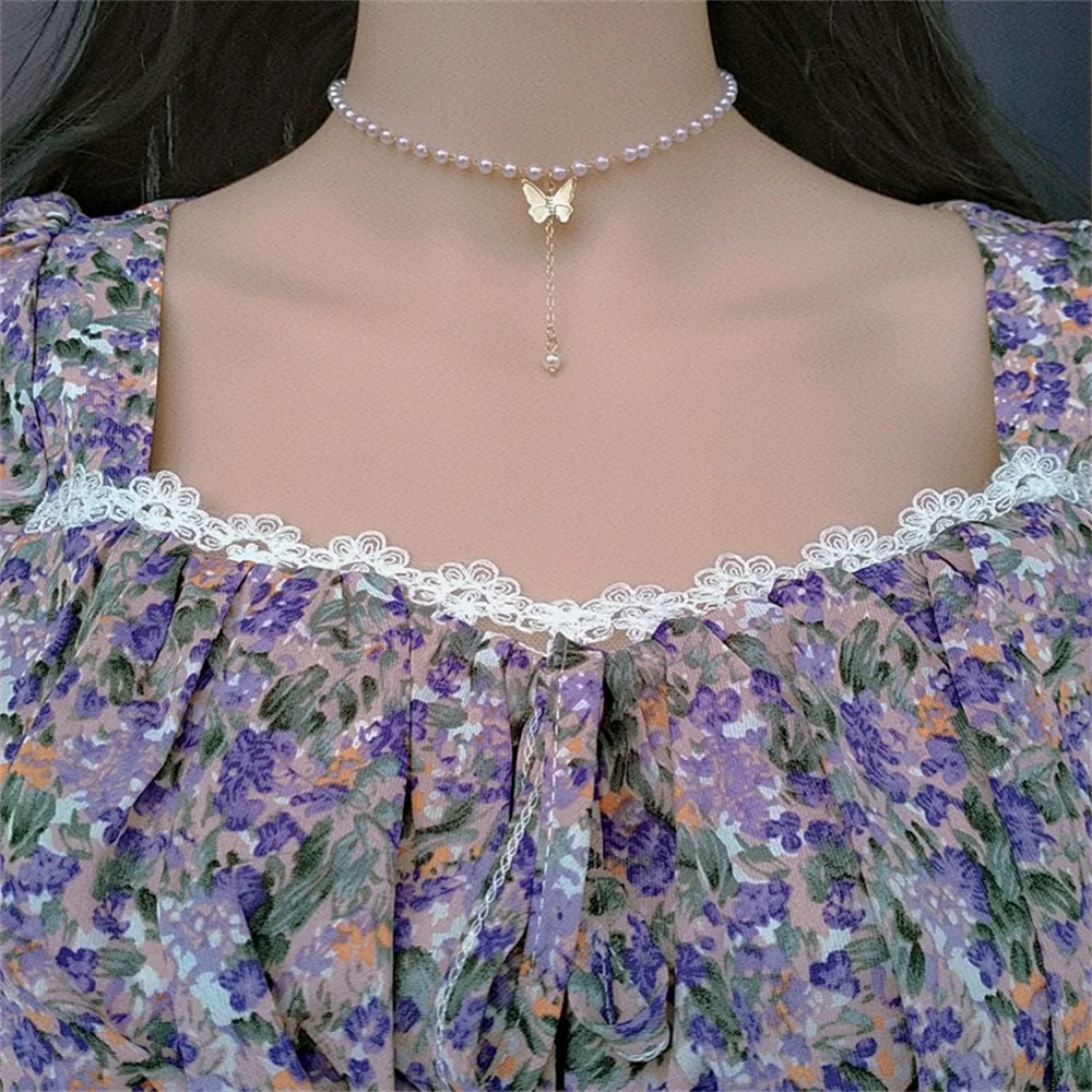 

IFMYA New Fishion Kpop Silver Color Butterfly Pearl Necklace Exquisite Cute Pearl Chain Choker Jewelry For Women Party Gift