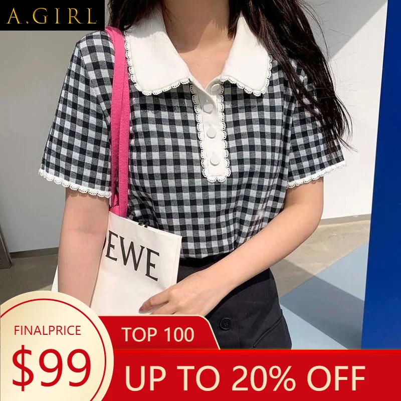 

T-shirts Women Retro Plaids Popular Korean Preppy Style Short Sleeve Maiden Summer Buttons Turn-down Collar Kawaii Teens Hipster