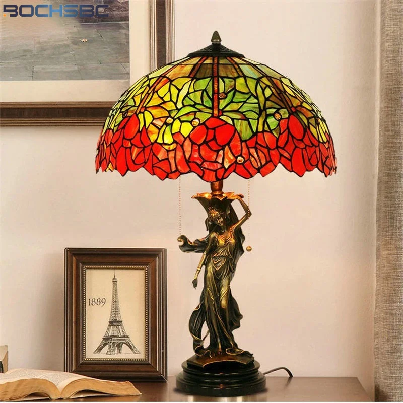 

BOCHSBC Tiffany Style Table Lamp Rose Flower Bouquet Stained Glass Colorful Shape Copper Frame Dimming Desk Light Luxury Art 16"