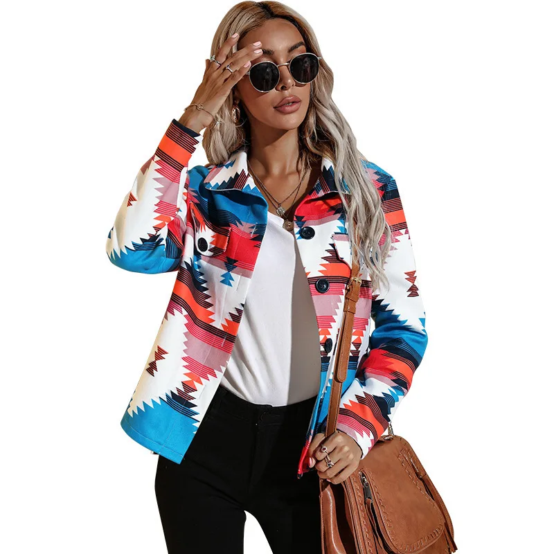 

2023 Autumn and Winter Models Fashion Printing Ladies Temperament Lapel Woolen Short Coat Jacket Top Women