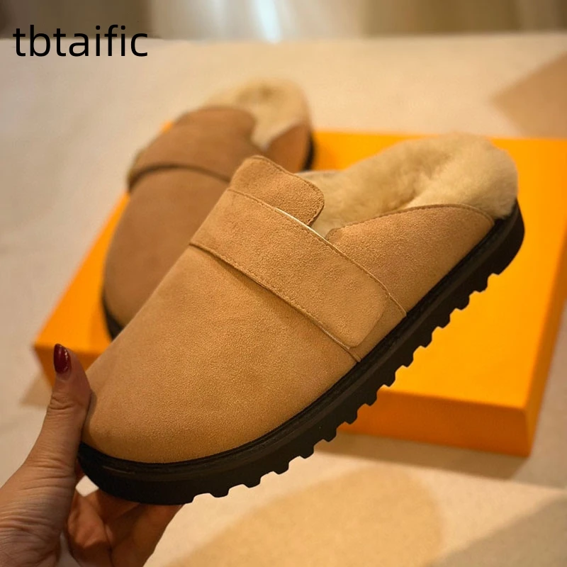 

Winter Wool Platform Half Slippers For Women Designer Wrap Toe Suede Leather Slides Thick Sole Casual Flat Fur Shoes For Woman