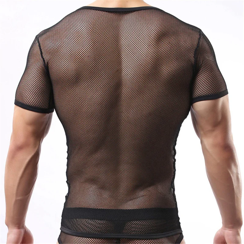 YUFEIDA Fishnet Mesh Shirt Men Sexy Undershirt Man Transparent Sheer Tops Breathable Casual Clothes Male See Through Streetwear