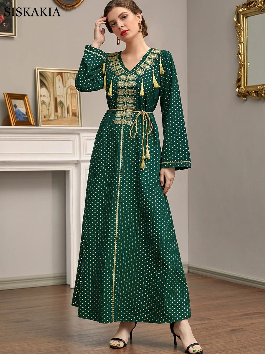 

Spring Summer Dress 2022 Trend Bronzing Polka Dot Print V-Neck Ethnic Embroidery A-Line Dress Green Vintage Robe With Belt