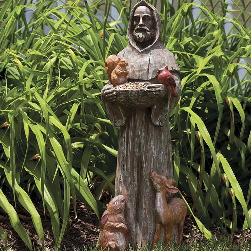 

Скульптура сада Святого Френсиса с кормушкой для птиц, креативная полимерная статуя для украшения сада, двора, 2021