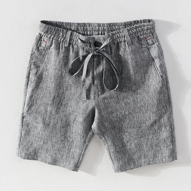 

100% Linen Summer Shorts for Men Casual Solid Gray Fashion Boardshorts Male Classic Dstring Shorts Clothing