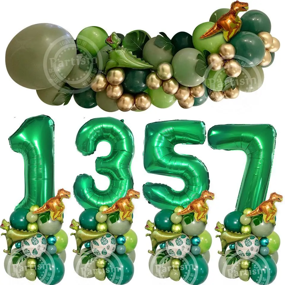 1SET Carton Dinosaur Balloon Tower with 1-9 32inch Green Number Balloon for Kids Dinosaur Themed Birthday Party Decorations