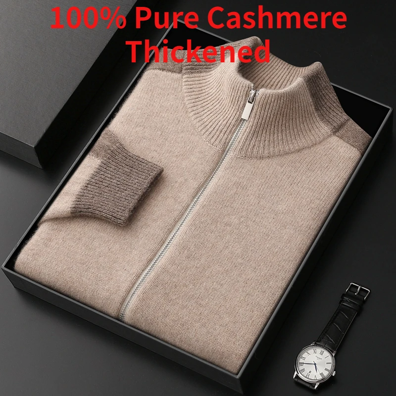 

New Arrival Men's 100% Pure Cashmere Thickened Half High Collar Zipper Knitted Cardigan Matching Coat Casual Fashion Size S-3XL