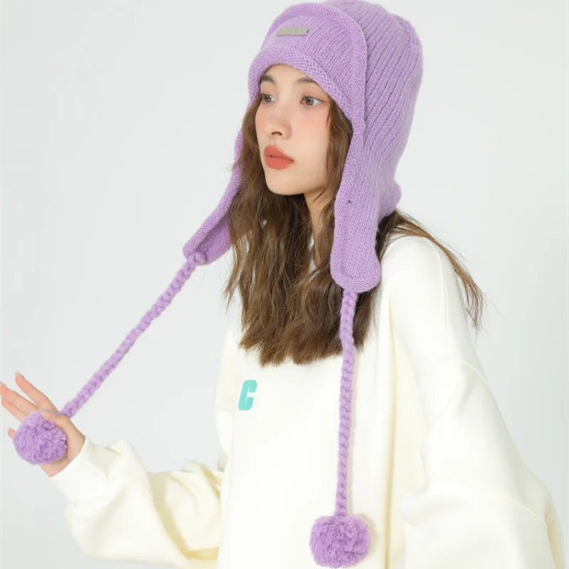 

Knit Winter Hats Women 2022 Fashion Women Hats Cute Pompom Winter Cap with Ear Flaps Green Purple Blue Colors Gorros