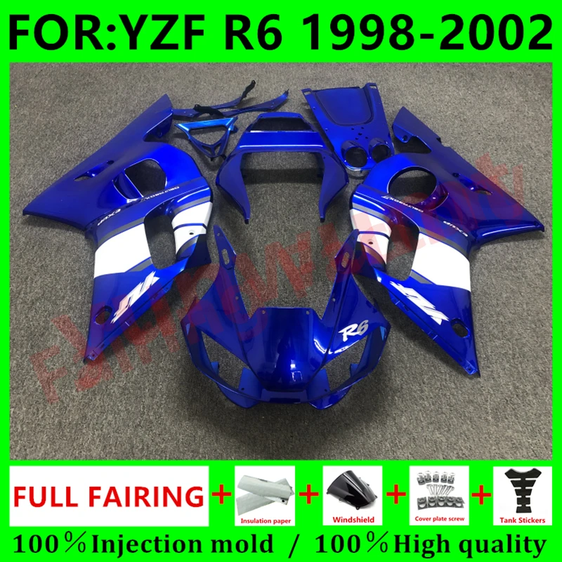 

Новый комплект обтекателей для мотоцикла ABS подходит для YZF R6 YFZ-R6 1998 1999 2000 2001 2002 комплект обтекателей для кузова синий белый