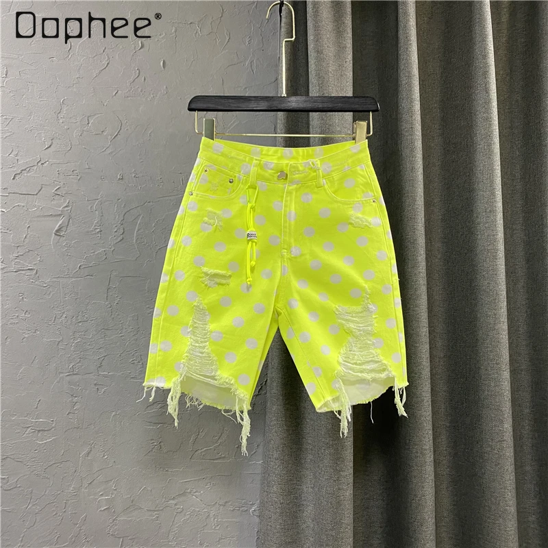 

2021 Summer Wear Ripped Tassel Raw Edge Polka Dot Denim Shorts Fluorescent Color Wide Leg Middle Pants