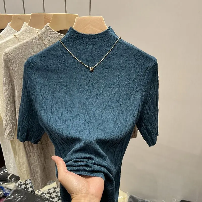 

Half High Collar Half Sleeve Knitted T-shirt Women's 2023 Summer New Mid Sleeve Short Sleeve Top