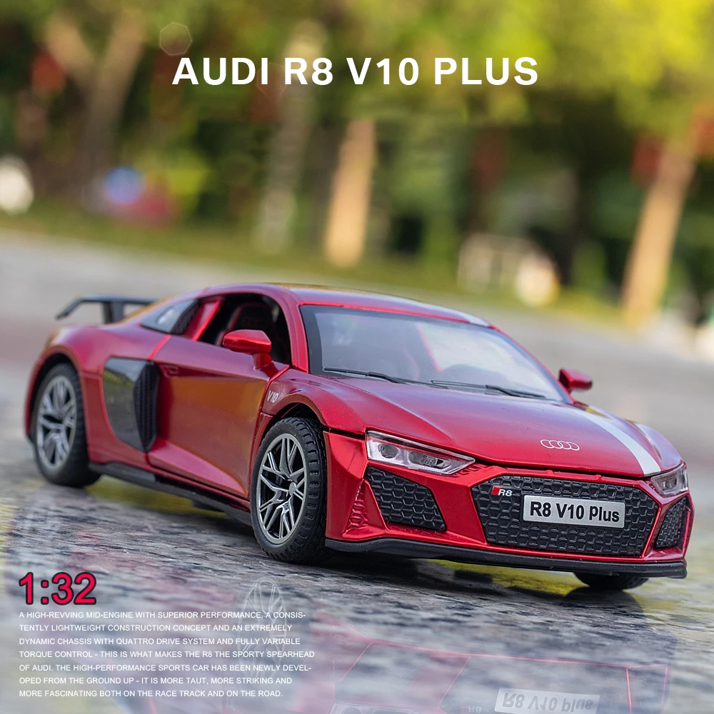 

1:32 Audi R8 V10 Plus Supercar Alloy Car Model Diecasts Metal Toy Vehicle Sound And Light Pull Back Simitation Collection Gifts