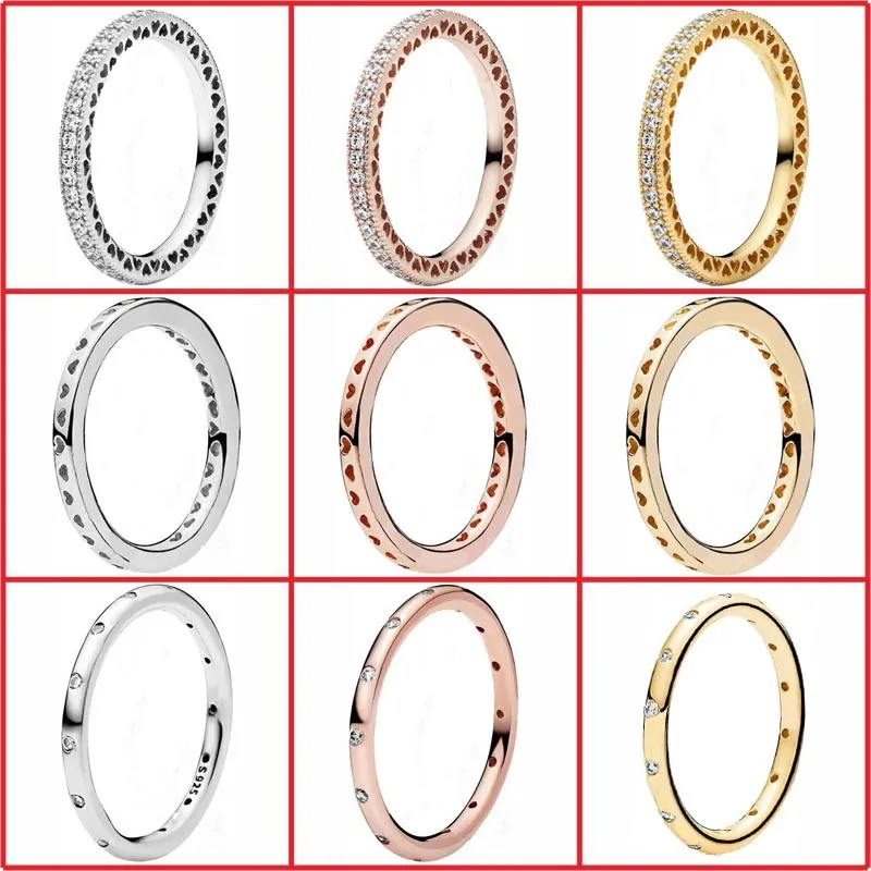 

2022 Luxury Shining Rose Gold Inlaid Cz Heart S925 Sterling Silver Pandor Ring Fit Women Diy Fashion Wedding Party Jewelry