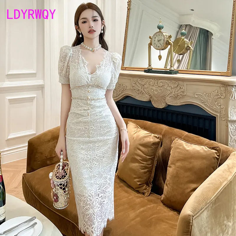 2023 Summer New Women's Korean Edition Design with Diamond Embedding Single breasted V-neck Slim Fit Lace Dress